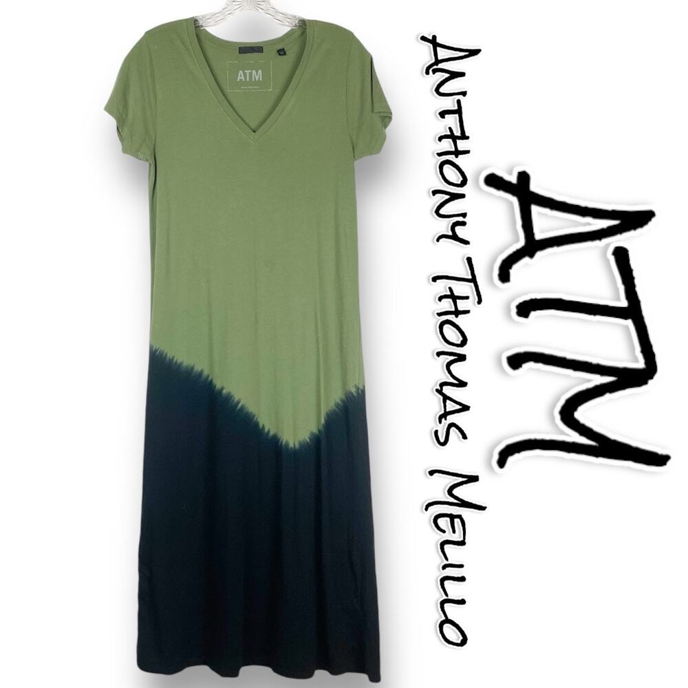 ATM Anthony Thomas Melillo Dip Dye Olive Black Midi Dress Lagenlook Womens Sz XS